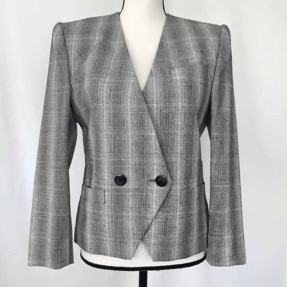 Vintage 1990s Petite Sophisticate Black & Pink Glen Check Blazer - Picture 1 of 16